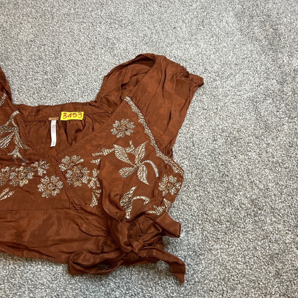 Free People Blouse Womens Small Brown Embroidered Puff Sleeve Boho Top Festival - Picture 2 of 11